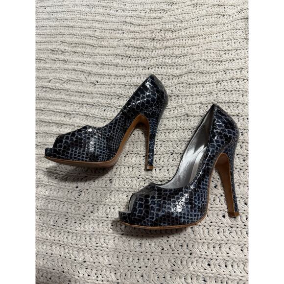 Luciano Padovan Heels Peep Toe Reptile Snake Print Women 37.5 Leather Italy Blue - Picture 5 of 11